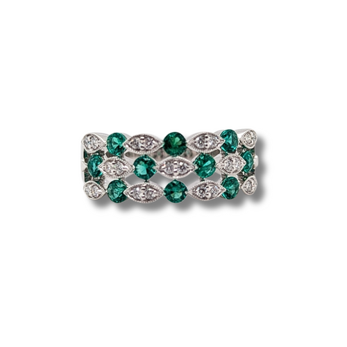 14kt White Gold Emerald and Diamond Fancy Band