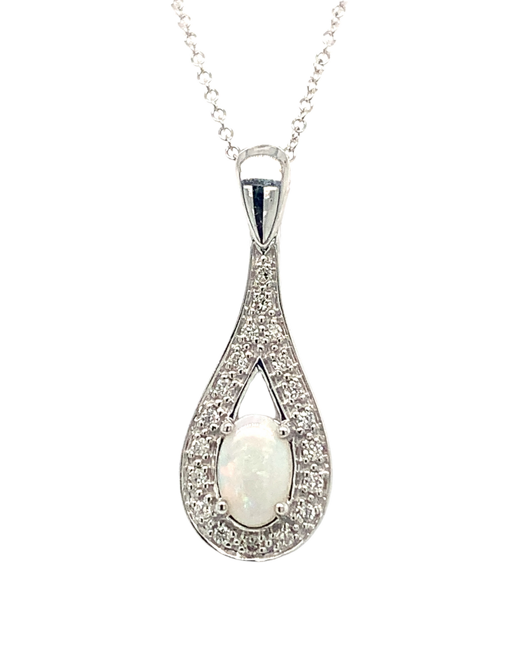 10KT White Gold Opal + Diamond Pendant