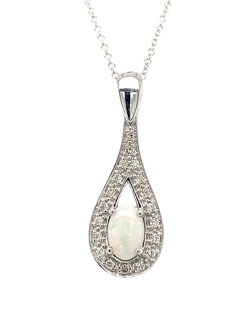 10KT White Gold Opal + Diamond Pendant