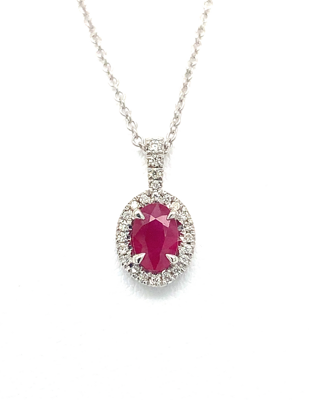 10kt White Gold Oval Shaped Ruby and Diamond Pendant