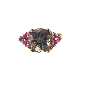 10kt White Gold with Yellow Gold claws Pink Tourmaline + Diamond ring