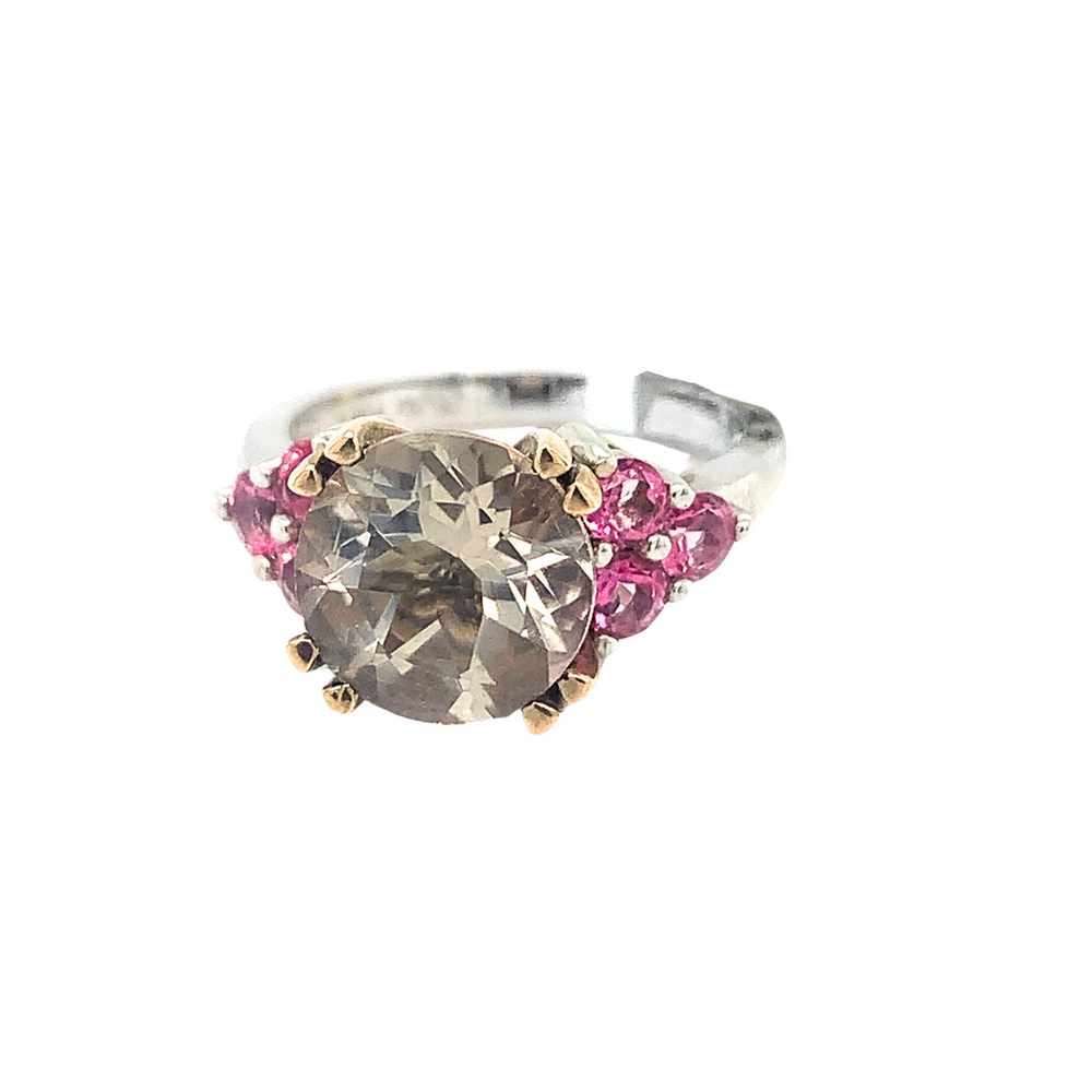 10kt White Gold with Yellow Gold claws Pink Tourmaline + Diamond ring