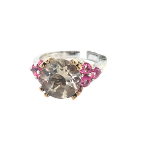 10kt White Gold with Yellow Gold claws Pink Tourmaline + Diamond ring