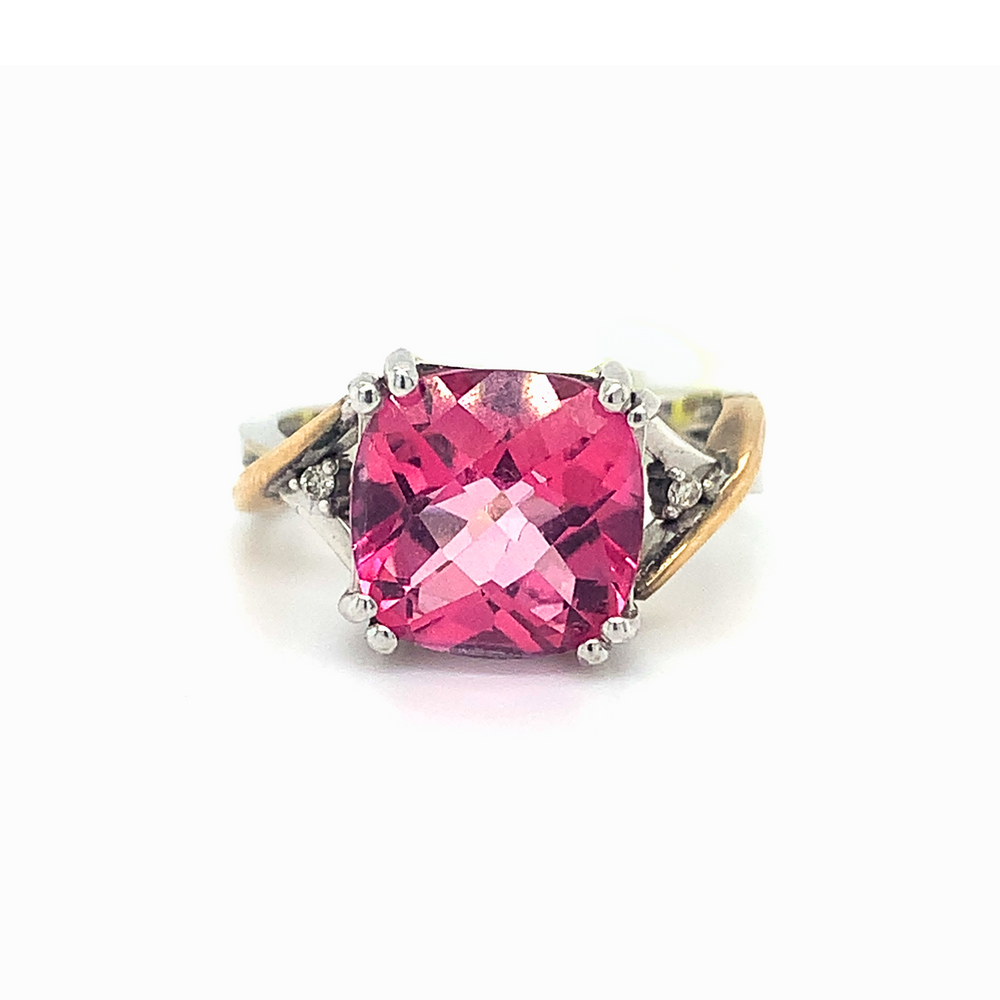 10KT Two-tone Gold Pink Topaz + Diamond ring