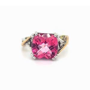 10KT Two-tone Gold Pink Topaz + Diamond ring