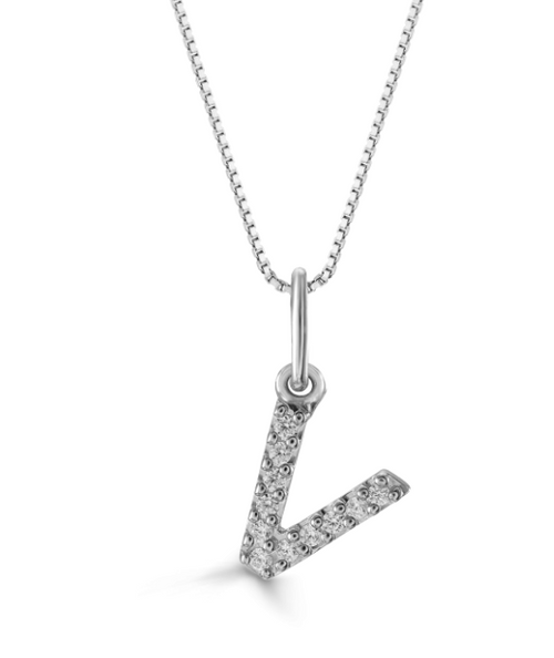 10kt White Gold .04tw Diamond "V" Initial Pendant