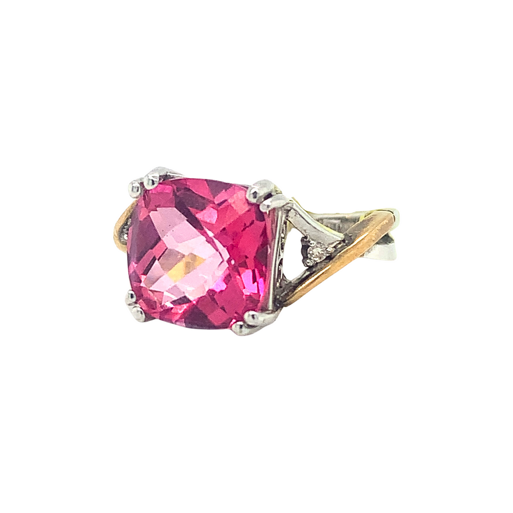 10KT Two-tone Gold Pink Topaz + Diamond ring
