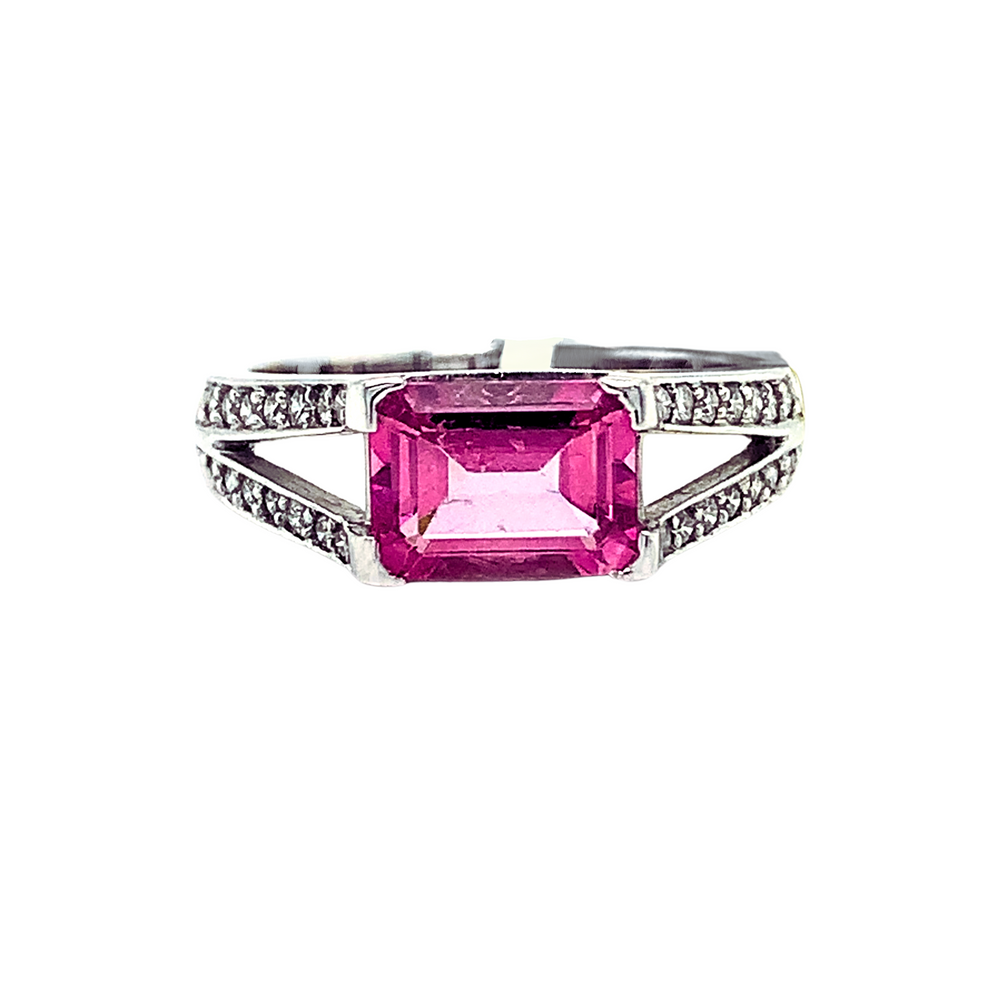 10KT White Gold Pink Topaz + Diamond ring