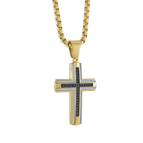 Italgem Stainless Steel Gold Plated Black CZ Cross Necklace