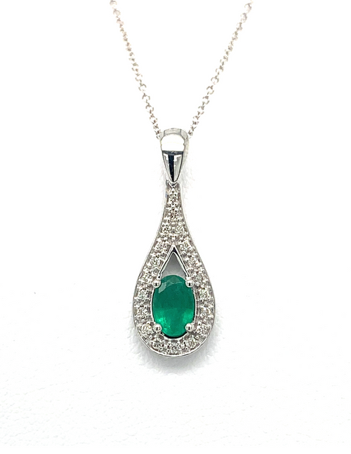 10K Emerald white gold diamond pendant