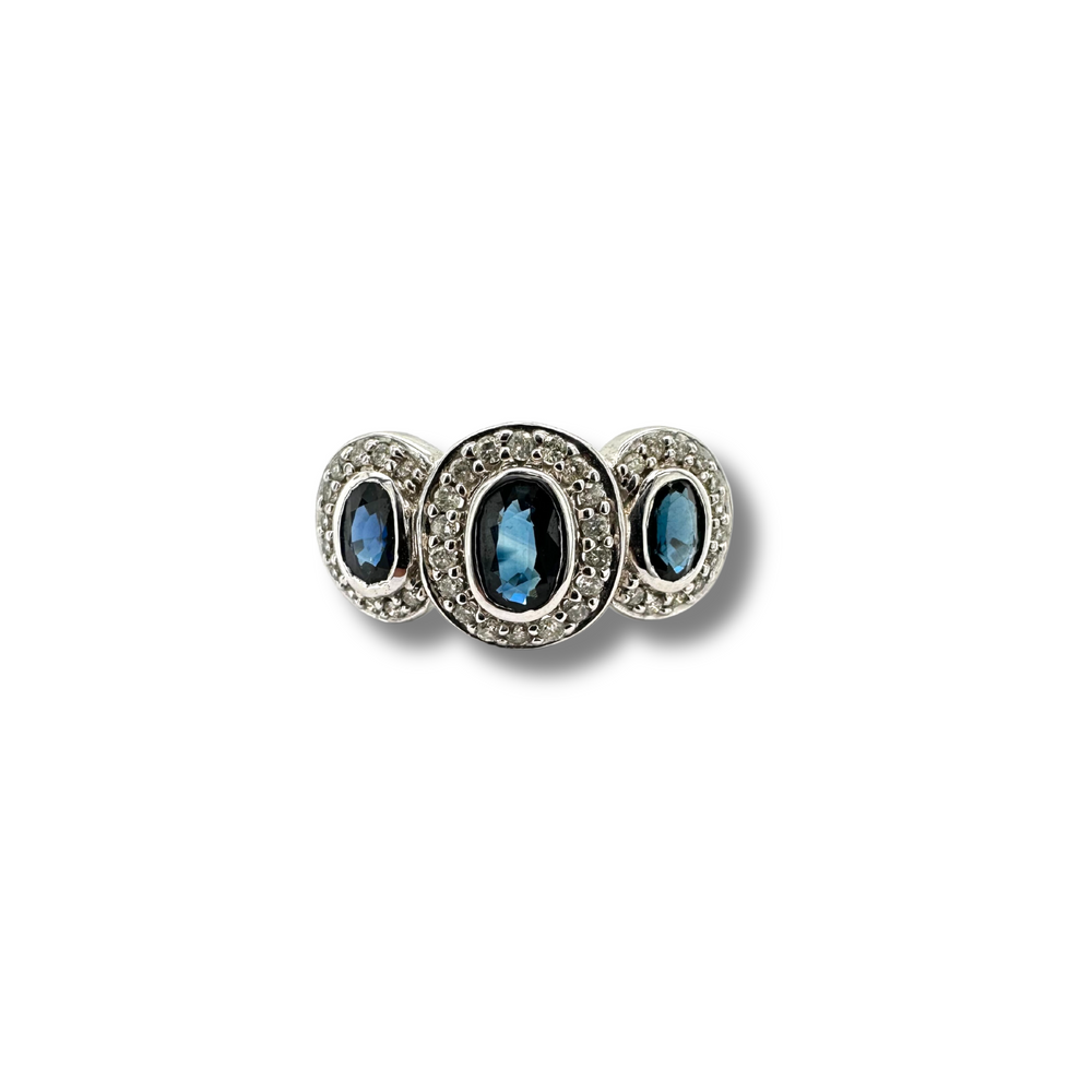 14KW 3 Stone Blue Sapphire and Diamond Halo Ring