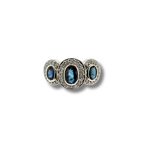 14KW 3 Stone Blue Sapphire and Diamond Halo Ring
