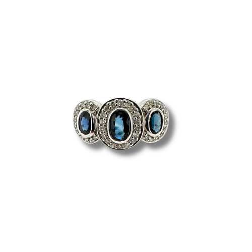 14KW 3 Stone Blue Sapphire and Diamond Halo Ring