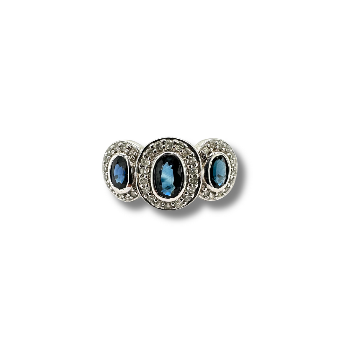 14KW 3 Stone Blue Sapphire and Diamond Halo Ring – Bellagio Jewellers II