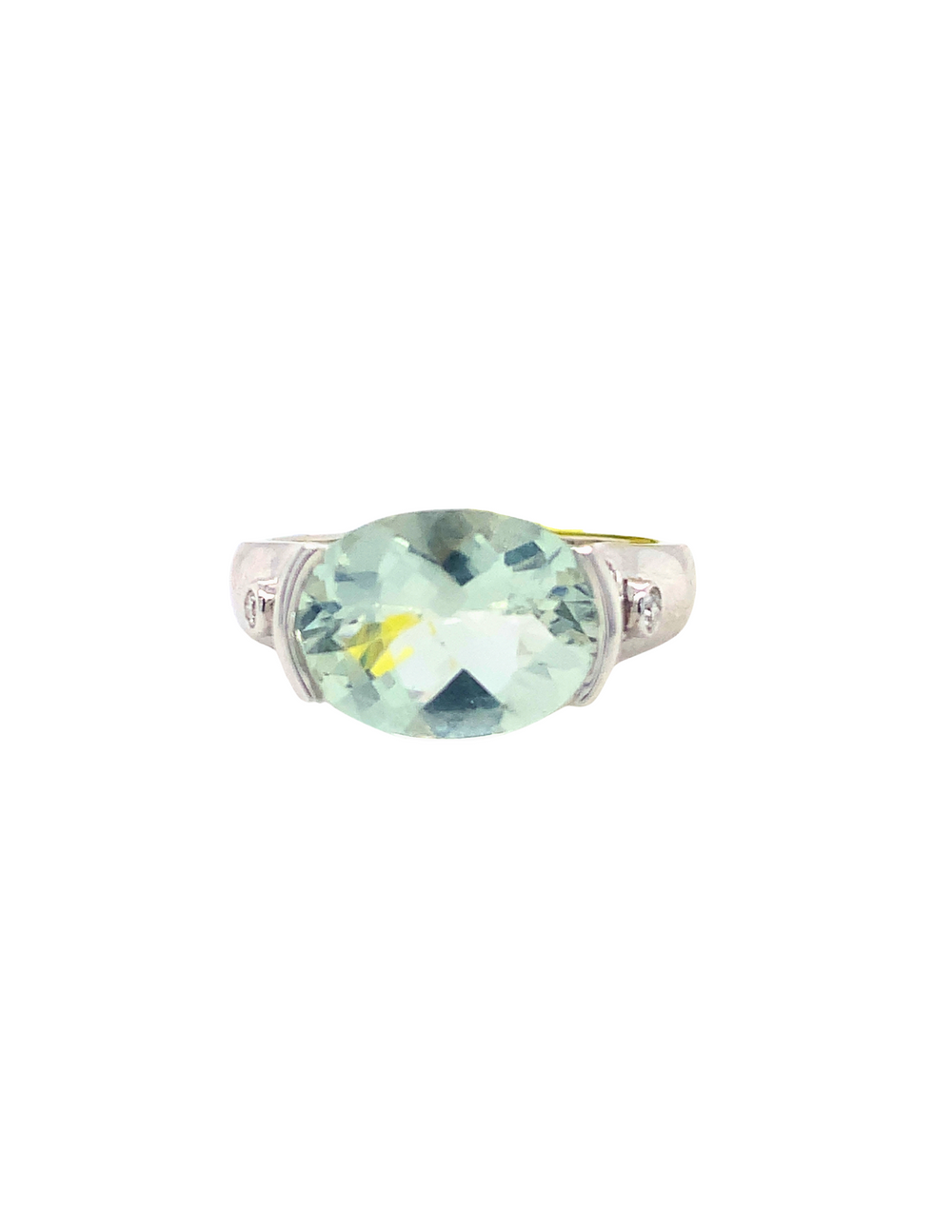 14KT White Gold Green Amethyst + Diamond Ring