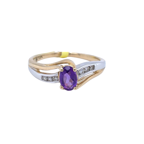 10kt Two Tone 6X4MM Amethyst +.06TW Diamond Ring