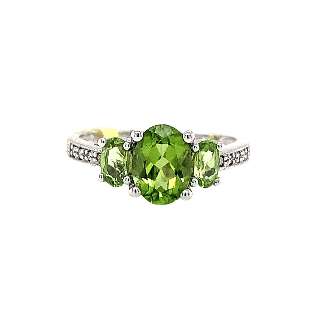 10kt White Gold Oval trio Peridot and Diamond Accent Ring
