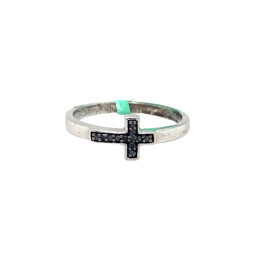 Sterling Silver Cross Ring with Black Diamond