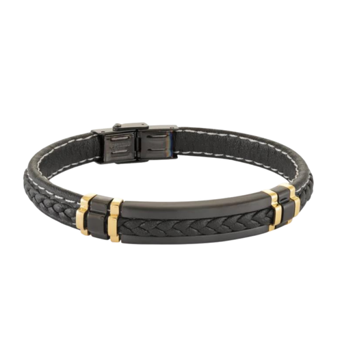 Italgem Stainless Steel IP Gold Plated and Black Leather Bracelet