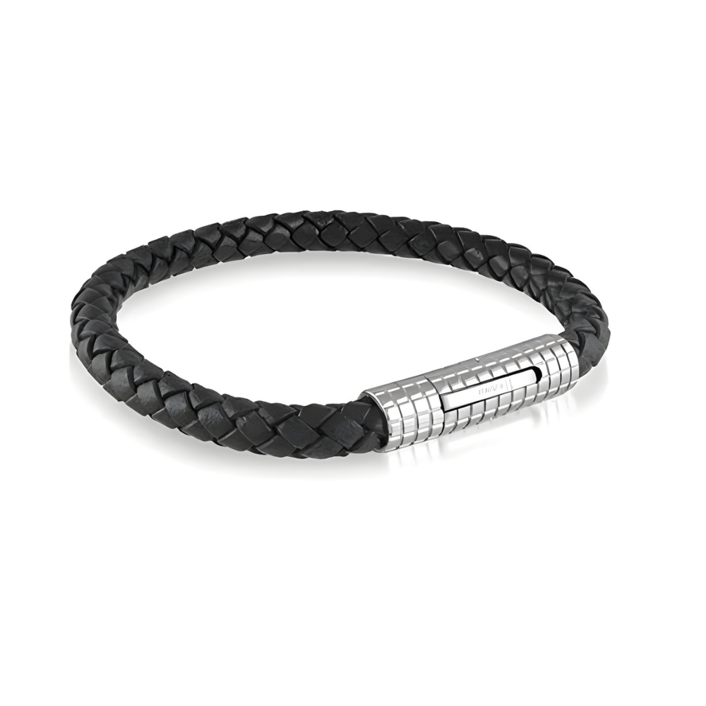 Italgem Stainless Steel Black Leather Bracelet