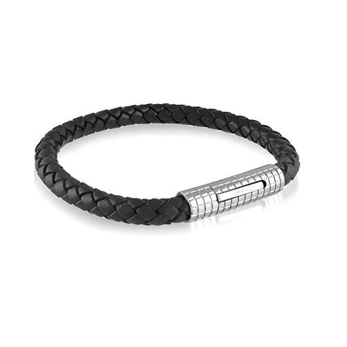 Italgem Stainless Steel Black Leather Bracelet