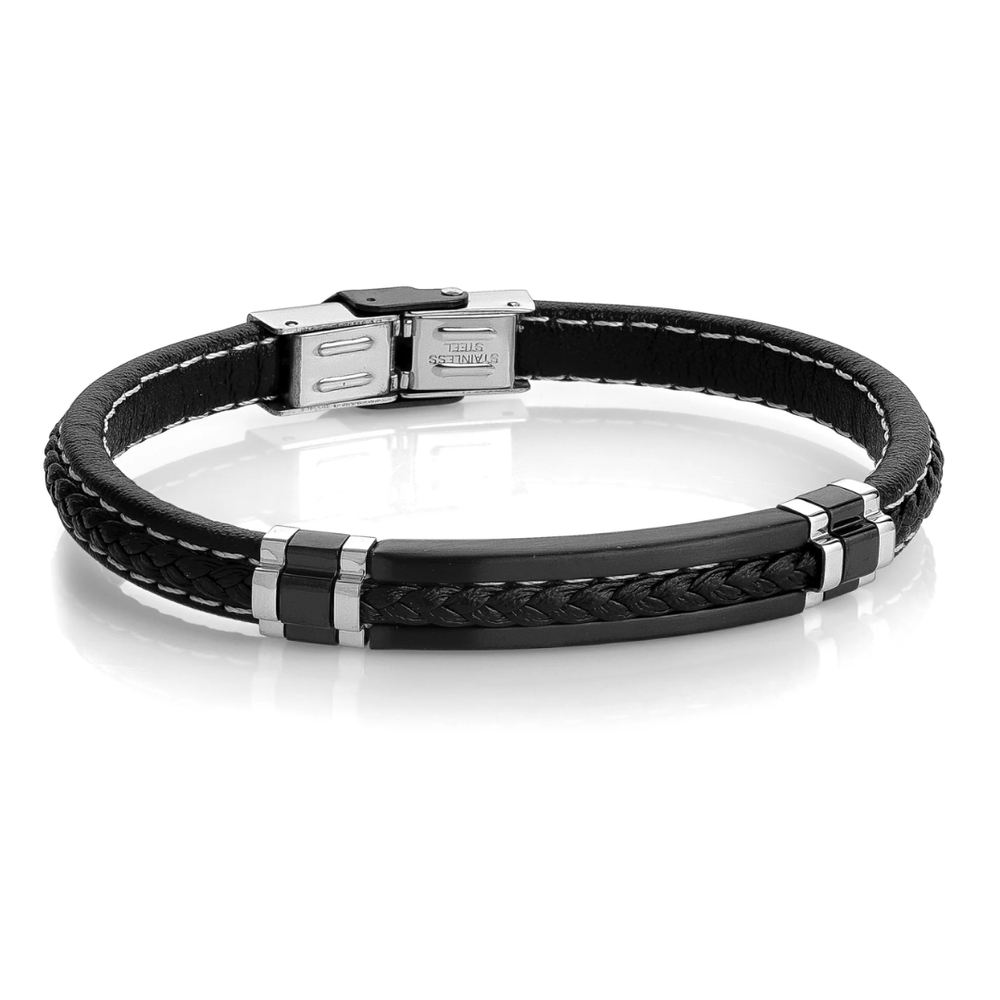 Italgem Stainless Steel Black Leather Bracelet