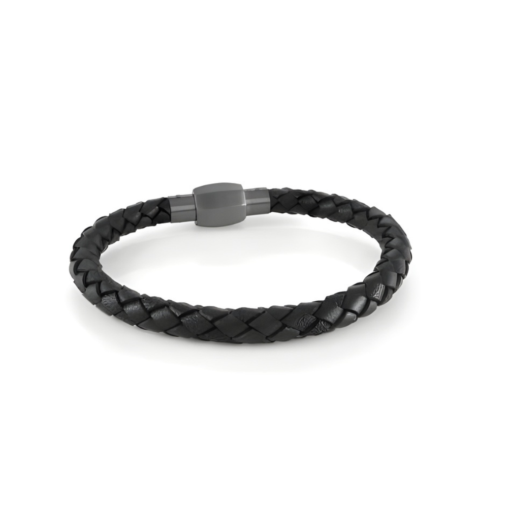 Italgem Stainless Steel Black Leather Bracelet