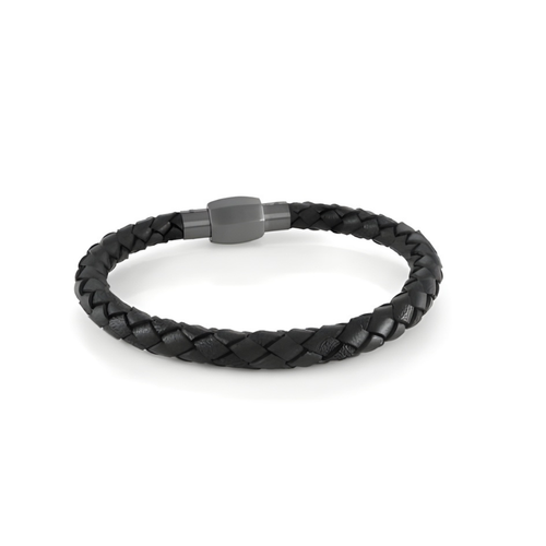 Italgem Stainless Steel Black Leather Bracelet