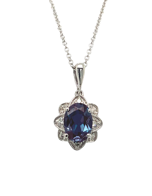 10KT White Gold Alexandrite + Diamond Pendant