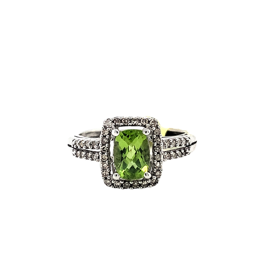 14kt White Gold Cushion Cut Peridot Ring + Diamond