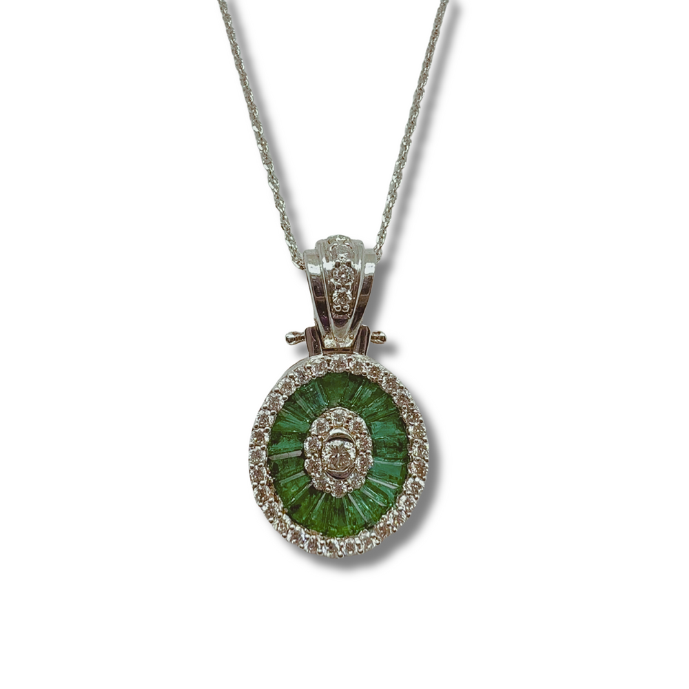14KW Natural Emerald and Diamond Oval Pendant
