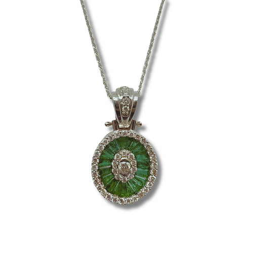 14KW Natural Emerald and Diamond Oval Pendant