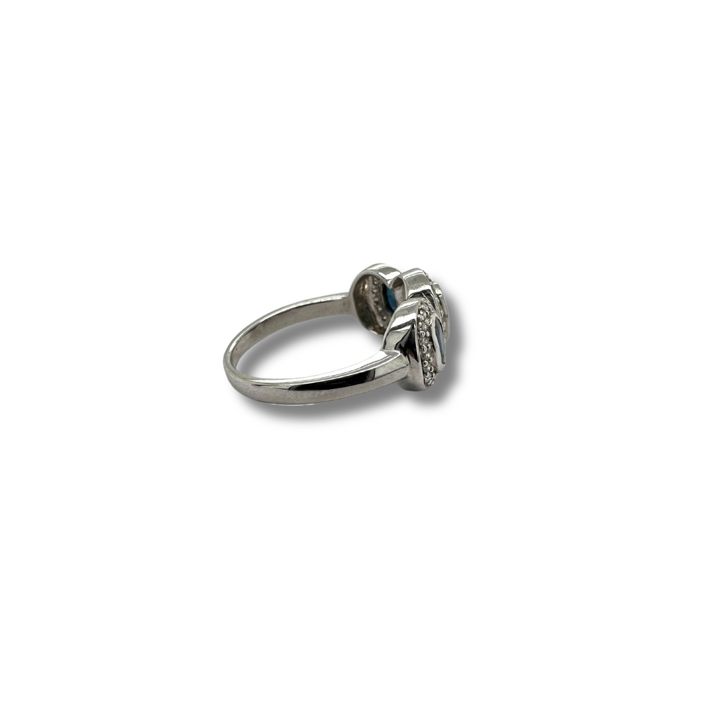 14KW 3 Stone Blue Sapphire and Diamond Halo Ring