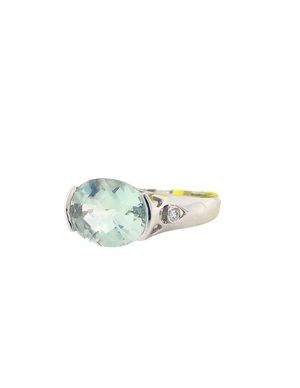 14KT White Gold Green Amethyst + Diamond Ring