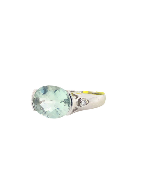 14KT White Gold Green Amethyst + Diamond Ring