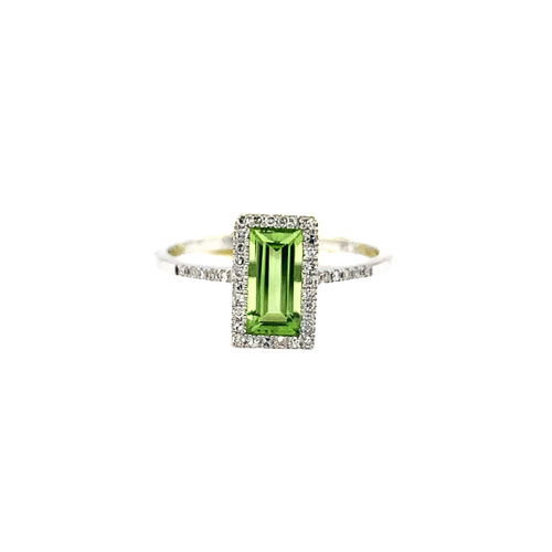 10kt White Gold Emerald cut Peridot + diamond Accent Ring