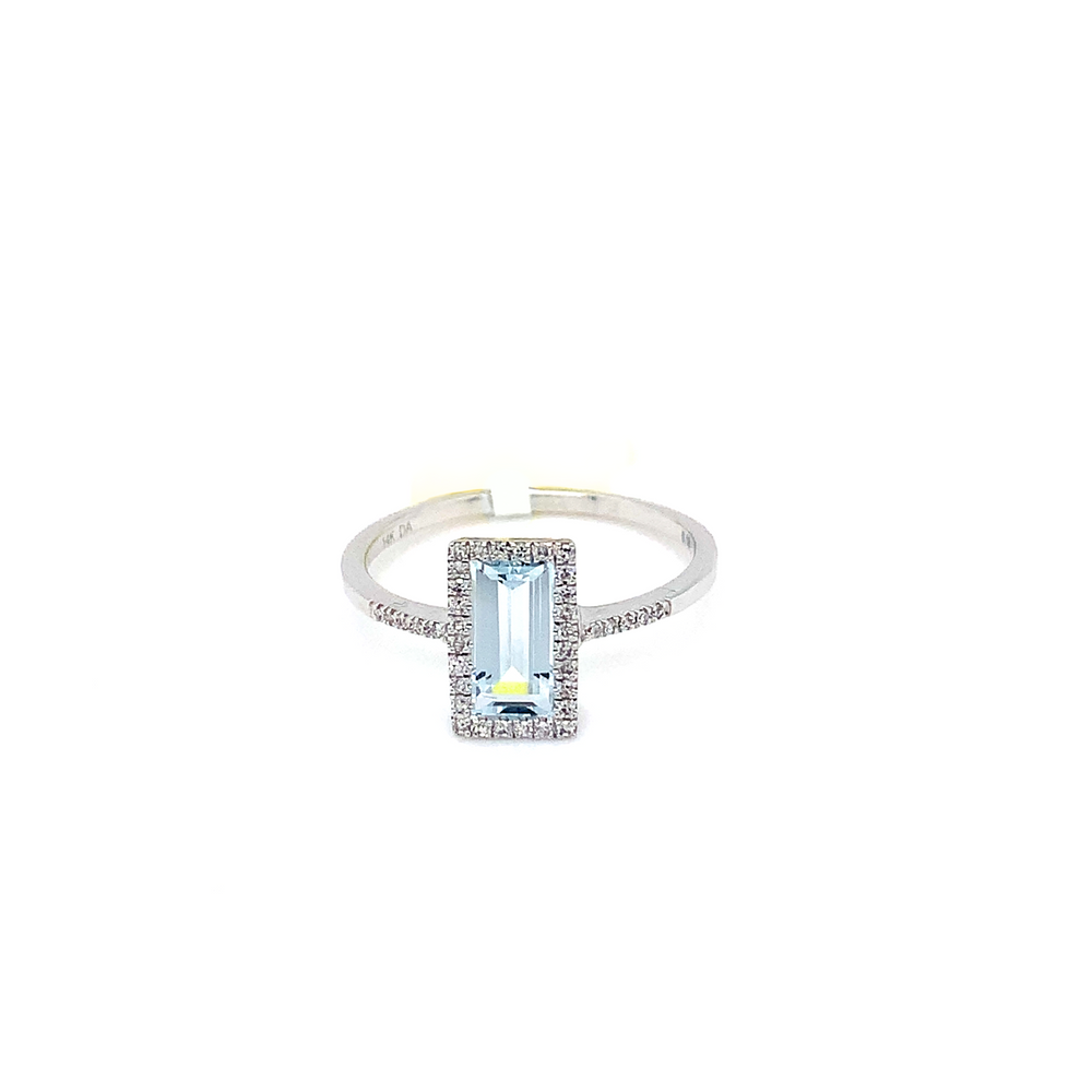 14kt White Gold Emerald cut Aquamarine + Diamond Ring
