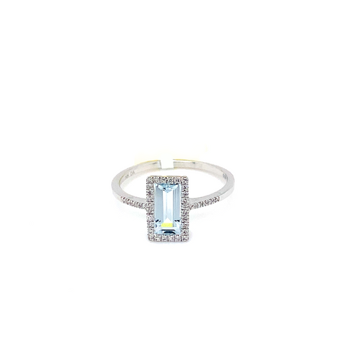 14kt White Gold Emerald cut Aquamarine + Diamond Ring
