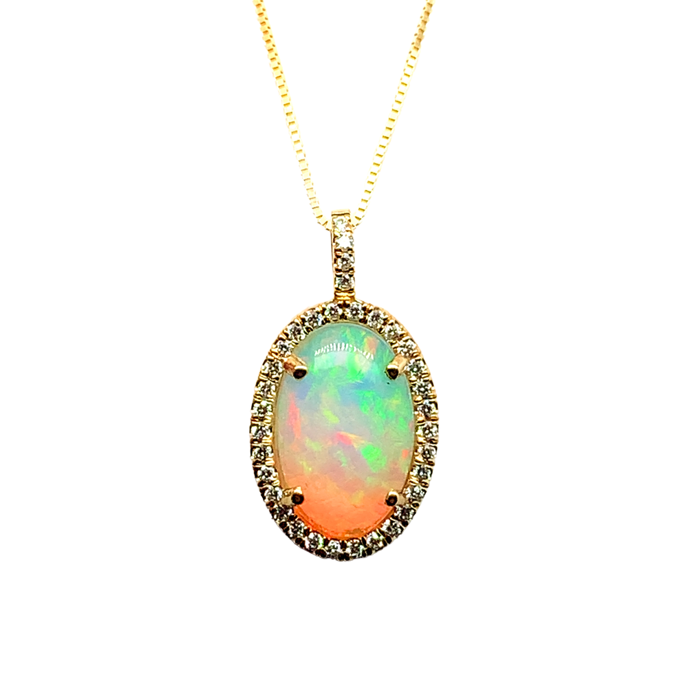 14kt Yellow Gold Cabochon opal Diamond Pendant