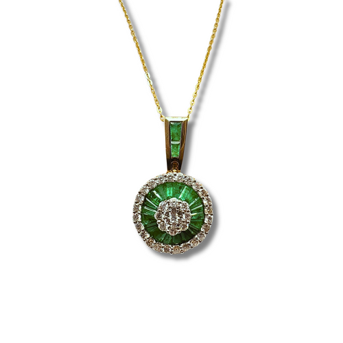 14KY Natural Emerald and Diamond Circle Pendant