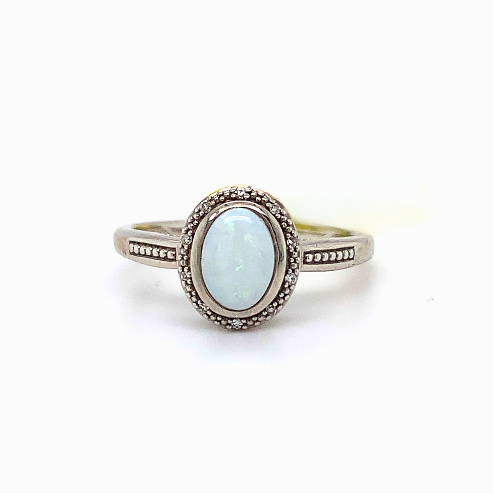 14kt White Gold Opal + Diamond ring