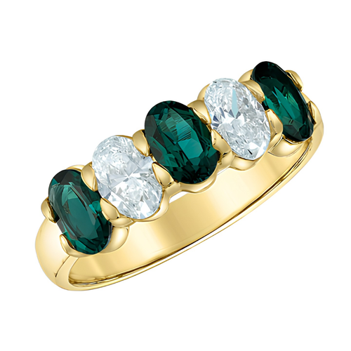 14k Yellow Gold Lab Grown Oval Emerald and Diamond Band