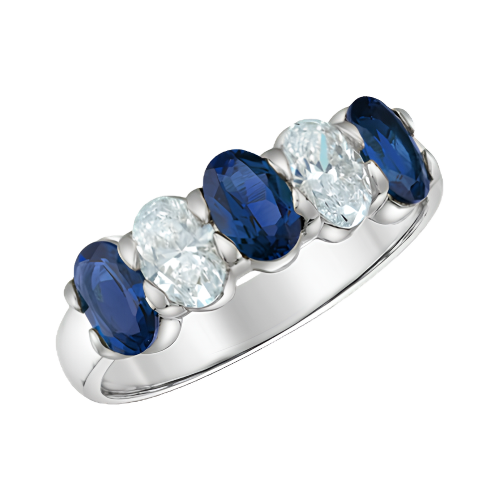 14k White Gold Lab Grown Oval Sapphire and Diamond Band