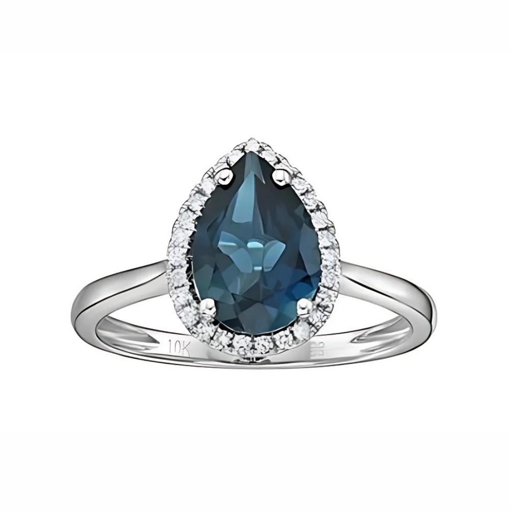 10KT White Gold 10x7mm London Blue Topaz Pear + Diamond Halo