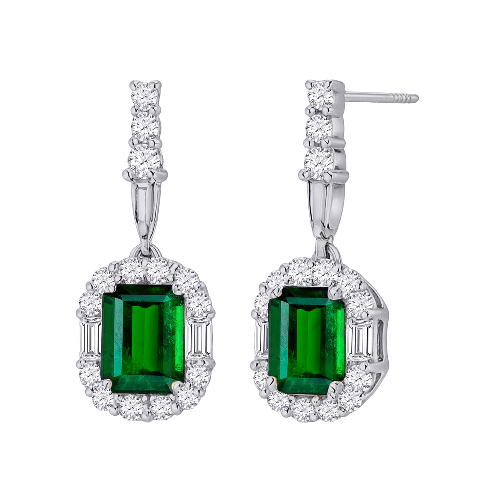 10kt White Gold 0.50 Emerald + 0.50 TW Diamond Earrings