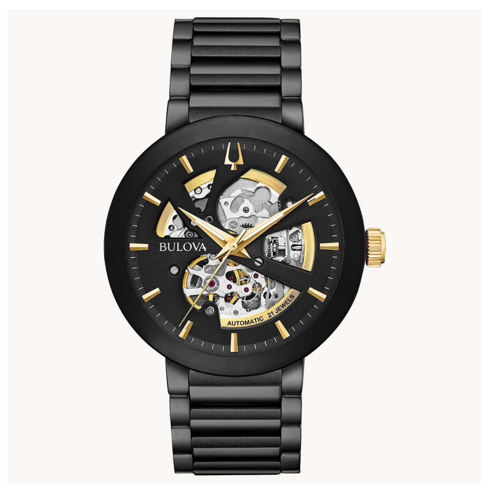 Bulova Futuro Men's Black Gold Accent Automatic Stainless Steel Watch - 98A203