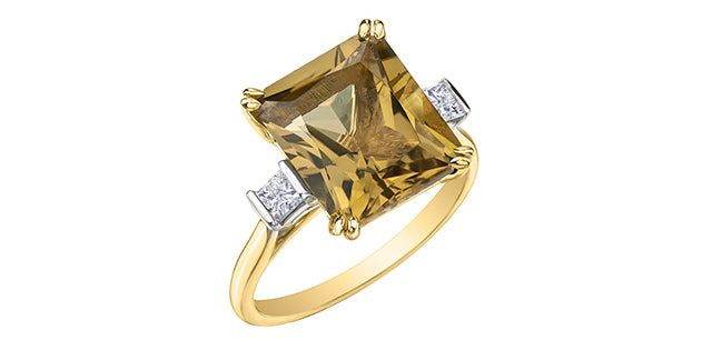 10kt Yellow Gold 12X10mm Olive Quartz & Diamond .29tdw Ring