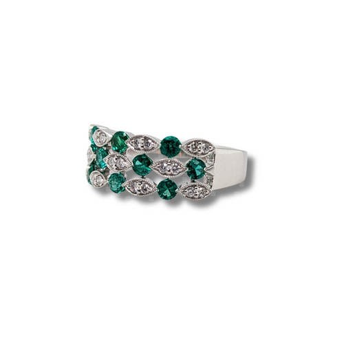 14kt White Gold Emerald and Diamond Fancy Band