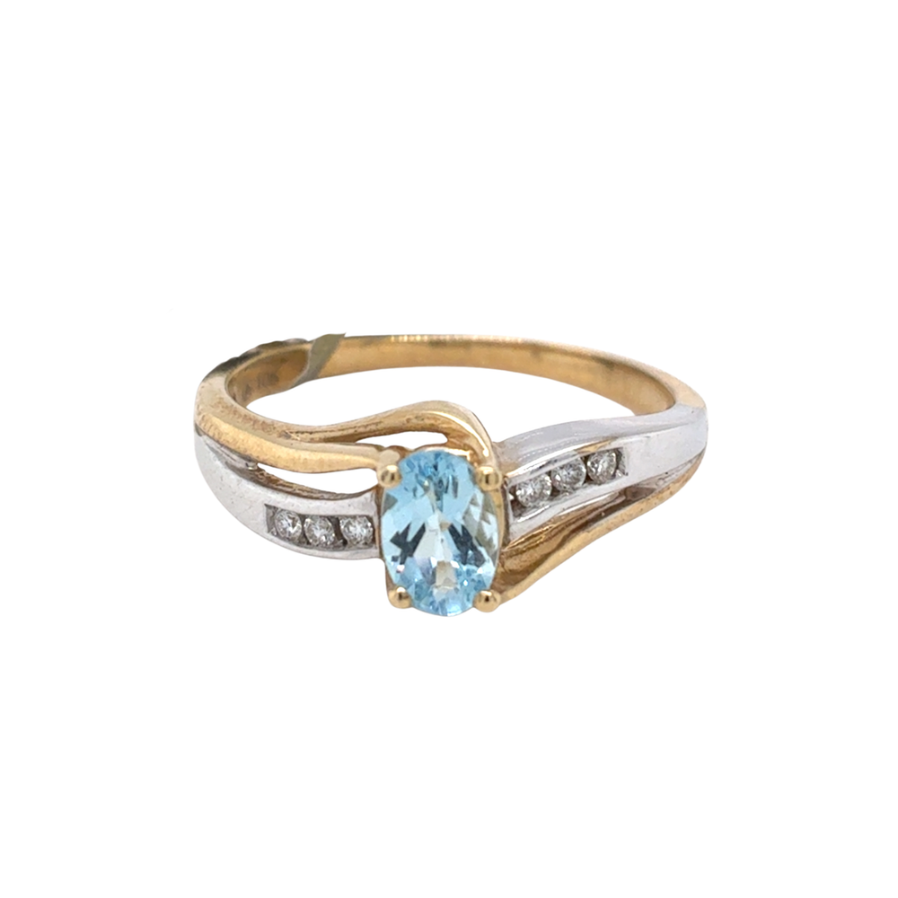 10kt Two Tone 6X4MM Aquamarine +.06TW Diamond Ring