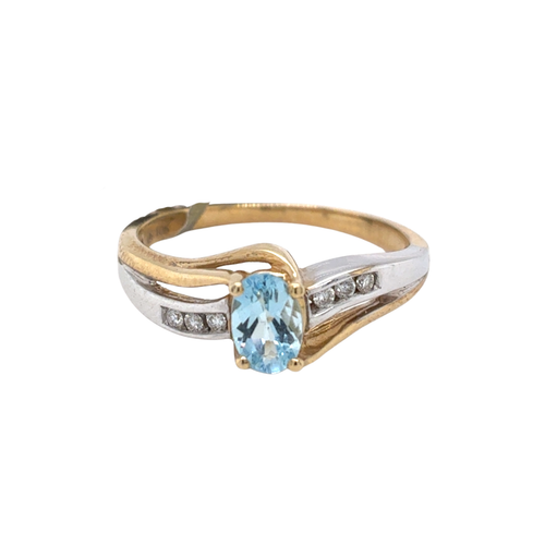 10kt Two Tone 6X4MM Aquamarine +.06TW Diamond Ring